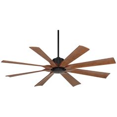 a ceiling fan with four wooden blades on the top and two black blades on the bottom