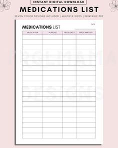 the printable medication list is shown on a pink background with flowers and daisies