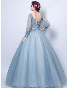 Dusty Blue Ball-gown V-neck Floor-length Tulle Wedding Dress With Long Sleeves