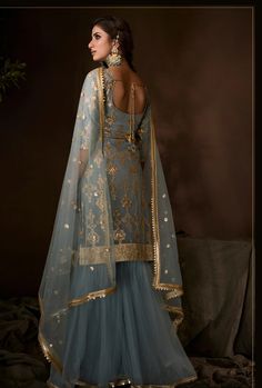 Punjabi Outfits Wedding, Sky Blue Sharara, Grey Sharara, Indian Outfits Lehenga, Sharara Suit