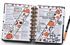 an open planner book with pumpkins and leaves