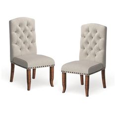 two chairs that are sitting side by side on a white background, one is grey and the other is beige