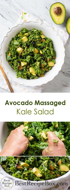 avocado massaged kale salad in a white bowl with an avocado on the side