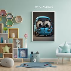 a blue car with big eyes is featured in this children's room wall art