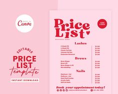 the price list is displayed on a pink background with other items in red and white