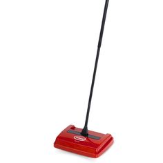 a red floor sweeper on a white background with the handle extended to it's side