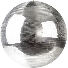 a silver disco ball hanging from a metal chain on a white background, with the reflection of a man's face in it