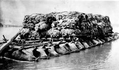 an old black and white photo of a boat filled with animals in the water,