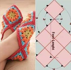 crocheted slippers are shown next to an image of the pattern for shoes