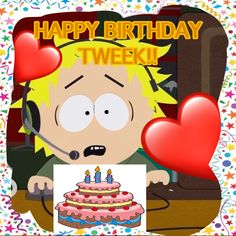 a cartoon character holding a birthday cake with candles in his mouth and the words happy birthday tweeki on it