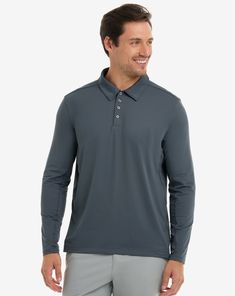 MEN'S LONG SLEEVE POLO/COLLARED SHIRT The BloqUV 50+ UPF men's sun protective polo, a long sleeve golf shirt that is a customer favorite for tennis, golf and beyond. The classic style, structured collar, four-button placket and cool, moisture-wicking SPF performance fabric keep you looking sharp and feeling fresh. Perfect golf gift for golf lover! Wear alone or layer under a windbreaker or blazer. Customers say it's the perfect addition to their wardrobe essentials. This mens collared shirt is d Collar Shirt Men, Perfect Golf, Long Sleeve Polo, Performance Outfit, Golf Shirts, Black Media, Collar Shirts, White Tops, Business Casual