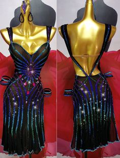 two mannequins dressed in black and gold with sequins on them