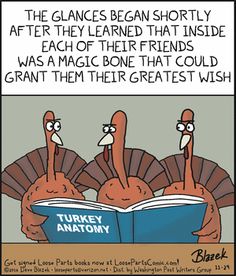 two turkeys are reading a book and the caption reads,'the galaes begin shortly after they learned that inside each of their friends was a magic bone that could grant