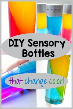 three different colored bottles with the words diy sensory bottles that change color on them