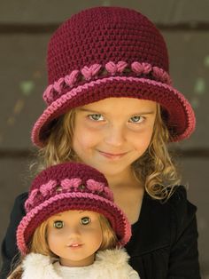 Trimmed in a puff stitch heart design, this adorable hat is made using worsted-weight yarn and a size H/8/5mm crochet hook. Pattern includes written instructions and step-by-step photos for the puff stitch heart. Size: 18" doll (6 to 12 months, ... Crochet Hat With Brim, Crochet Outfits, Dolls Crochet, Hat Crochet Pattern, Girl Crafts, Brimmed Hat, Puff Stitch, Doll Crochet, Doll Hat