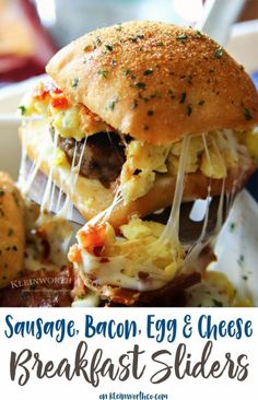 sausage bacon egg and cheese breakfast sliders on a white plate with text overlay