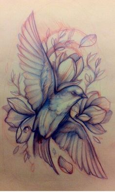 a drawing of a bird with flowers in its beak and wings on it's back