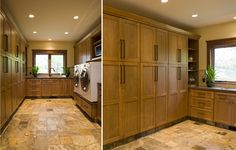 two pictures of a kitchen with wood cabinets and tile flooring, one has a washer and dryer in it