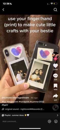 someone is holding up two cell phones with pictures on them and the text, use your finger / hand print to make cute little crafts with your bestie