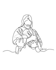 a continuous line drawing of a person holding a baby