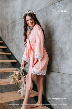 Peach LOTUS Lux Silk Robe with Wide Floral Macrame Lace Trim, New'19 Collection, Bridal Lace Robe, Bridal Robe, lace trimmed robe by StylishBrideAccs on Etsy Spring Wedding Sleepwear With Delicate Lace, Spring Wedding Robe With Lace Trim, Spring Wedding Satin Robe, Elegant Pink Bridesmaid Robe, Spring Wedding Sleepwear With Lace Trim, Feminine Satin Robe With Lace Trim, Feminine Pink Robe With Lace Trim, Feminine Spring Wedding Robe, Summer Wedding Robe With Lace Trim