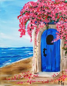 an acrylic painting of a blue door with pink flowers on it and the ocean in the background