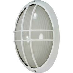 an outdoor light with white plastic housing and round caged design on the front side