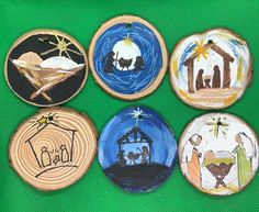 six hand painted magnets depicting the birth of jesus