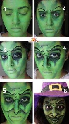 Purple Witch Face Paint, Painted Witch Face, Witch Face Painting Ideas, Scary Witch Makeup Ideas, Witch Nose Diy, Diy Witch Makeup Women, Witch Makeup Ideas For Kids