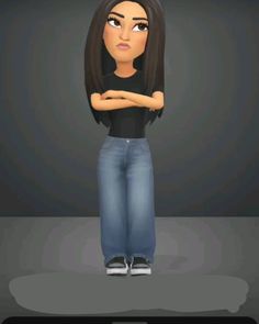 an animated girl with her arms crossed standing in front of a cell phone and looking at the camera