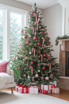 a christmas tree decorated with candy canes and ornaments