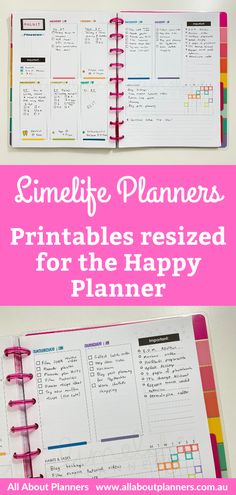 two planner pages with the text,'simple planners printables resized for the happy planner '