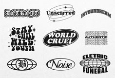 various logos and stickers on a white paper sheet with black ink in the shape of letters