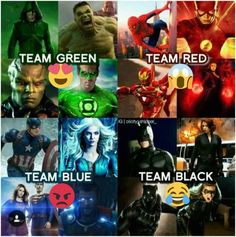 many different superheros and their names are shown in this collage with the caption team red, team blue, team black