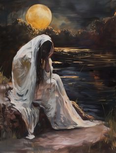 a painting of a woman sitting on a rock by the water with a full moon in the background