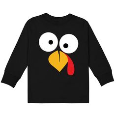 a black t - shirt with a cartoon turkey face on the front and an orange nose