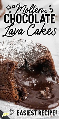 a close up of a piece of cake with chocolate frosting on it and the words modern chocolate lava cakes