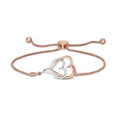 With double the love, this diamond heart bolo bracelet suits your romantic style. Created in sterling silver with 14K rose gold plate, this look features entwined sideways heart-shaped outlines - one polished, the other lined with sparkling diamonds. Captivating with 1/10 ct. t.w. of diamonds and a bright polished shine, this wheat chain bracelet adjusts up to 9.5 inches in length and secures with a bolo clasp and ball ends. Adjustable Diamond Heart Bracelet For Valentine's Day, Valentine's Day Adjustable Diamond Heart Bracelet, Elegant Rose Gold Heart Cut Bracelet, Adjustable Heart Cut Rose Gold Jewelry, Adjustable Rose Gold Heart Cut Jewelry, Elegant Rose Gold Heart Bracelet For Anniversary, Elegant Rose Gold Heart Bracelet With Adjustable Chain, Formal Rose Gold Heart Bracelet, Rose Gold Diamond Heart Bracelet In Fine Jewelry Style