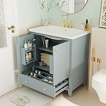 a bathroom with a sink, mirror and cabinet in it's center area next to a toilet