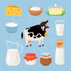 a cow surrounded by dairy products and milk