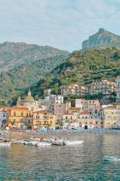 boats on the water in front of a city with hills and trees behind it,