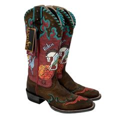 Nwt Ariat Quincy Bronco Billie Leather Embellished Western Cowboy Boots, Rare Condition: Never Worn With Tags Attached. There Are A Few Light Scuffs On The Uppers (See Photos) But No Major Flaws. Size: 7.5 Color: Multicolor, Red, Brown, Blue Material: Leather Ariat Turquoise Boots, Brown And Teal Cowgirl Boots, Luxury Ankle-high Western Cowboy Boots, Brown And Turquoise Cowboy Boots, Luxury Leather-lined Cowboy Boots For Rodeo, Ariat Shoes, Custom Cowboy Boots, Boot Design, Western Cowboy Boots