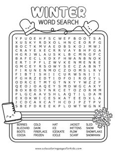 the winter word search is shown in black and white