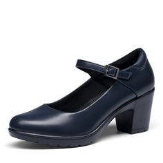 PRICES MAY VARY. Classic Style: These Mary Jane style heels have an adjustable ankle strap & feature a classic round toe & smooth PU leather upper. Workwear Essential: Stand and walk in comfort with these heeled pumps that provide you with arch support to keep you on your feet throughout the day . Supportive Insole: The 3-layer insole is covered with skin-friendly fabric and consists of a soft foam mid-layer & a breathable latex layer that is supportive. Comfortable Lining: Foam lining and thick Flight Attendant Shoes, Navy Blue Wedding Shoes, Work Pumps, Zapatos Mary Jane, Heeled Pumps, Chunky Heel Pumps, Shoe Tags, Kitten Heel Pumps, White Pumps