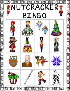 the nutcracker bingo game is shown with pictures of people and christmas decorations on it