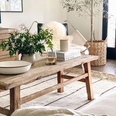 a living room with a wooden table and plants on the coffee table next to it