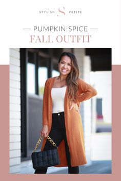 A lady wearing a orange cardigan with a white top and black jeans Spice Desserts, Pumpkin Spice Desserts, Fall Outfit Inspiration, Pumpkin Spice Lattes, Pumpkin Spice Season, My Favorite Color