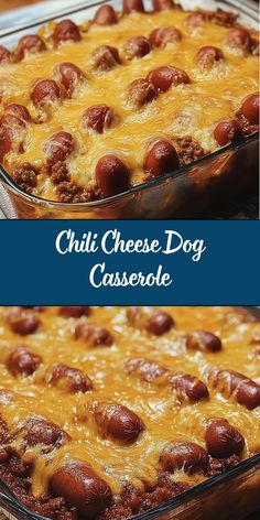 a casserole dish filled with chili cheese dogs