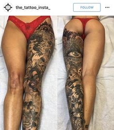 two women with tattoos on their legs are laying in bed and one has her leg tattooed