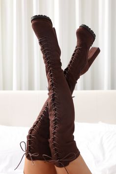 Available In Chocolate. 4.5" Ultra High Block Heel 1.5 Inch Platform Lace Up Over The Knee Inside Zipper Closure Imported | Ready Set Go Heeled Boots in Chocolate Brown size 7 by Fashion Nova Knee High Boots Dress, Chocolate Fashion, Ready Set Go, Fashion Nova Shoes, Dress Design Sketches, Platform Heels Chunky, Winter Fashion Outfits, Thigh High Boots, High Heel Boots